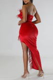 Rode sexy stevige patchwork veren spleet strapless avondjurk jurken