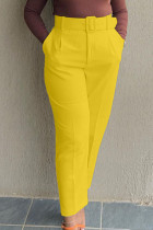 Patchwork sólido casual amarillo con cinturón Cintura alta Pantalones rectos de color sólido