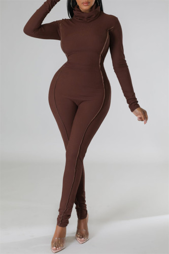 Brown Casual Solid Patchwork Basic Turtleneck Skinny Jumpsuits