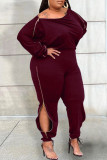 Paarsrood Casual Solid Patchwork Rits O-hals Plus Size Jumpsuits