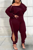 Paarsrood Casual Solid Patchwork Rits O-hals Plus Size Jumpsuits
