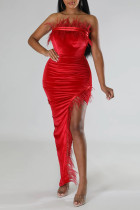 Red Sexy Solid Patchwork Feathers Slit Strapless Evening Dress Dresses