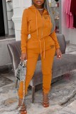 Orange Casual Print Letter Hooded Collar Long Sleeve Two Pieces
