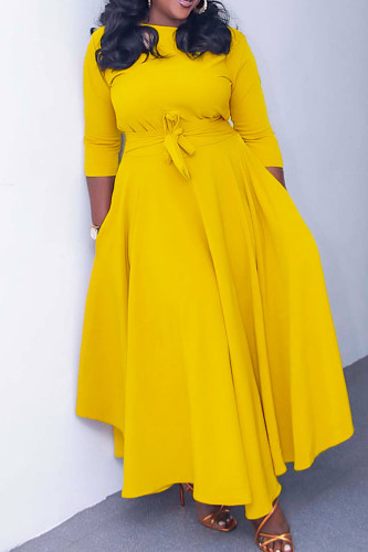 Желтые повседневные сплошные повязки в стиле пэчворк с круглым вырезом платья