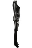 Macacão skinny preto sexy de patchwork sólido transparente com gola alta