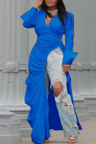 Blau Sexy Casual Solid High Opening Fold Hemdkragen High Waist Tops