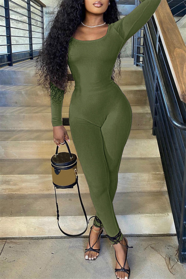 Army Green Casual Solid Basic O-Neck Skinny Jumpsuits