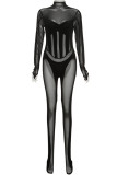 Macacão skinny preto sexy de patchwork sólido transparente com gola alta