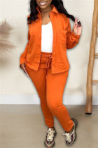 Pantaloni cardigan casual solidi arancioni colletto con risvolto manica lunga due pezzi