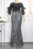Champagne Celebrities Elegant Solid Sequins Patchwork O Neck Evening Dress Dresses