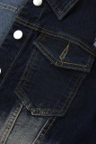 Jaqueta jeans reta com estampa de rua preta fivela de retalhos gola virada para baixo