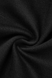 Vestidos pretos casuais sólidos patchwork gola com capuz manga longa