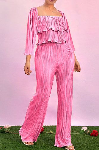 Pink Casual Solid Patchwork Square Collar Long Sleeve Two Pieces