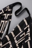 Abrikoos casual print patchwork jurken met V-hals en lange mouwen