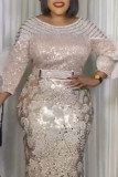 Серебряные знаменитости Элегантные однотонные блестки Лоскутное вечернее платье с круглым вырезом Платья