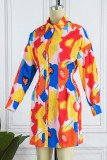 Robes multicolores décontracté imprimé patchwork col rabattu manches longues