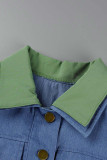 Jaqueta jeans reta com fivela de patchwork assimétrica verde casual manga longa