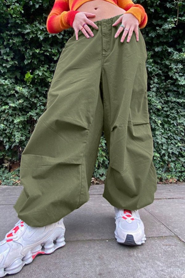 Pantalones informales de color liso rectos con bolsillo de retazos lisos de cintura media verde verde
