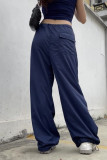 Pantalones de color sólido de pierna ancha de cintura baja sueltos con bolsillo de retazos lisos de calle informal azul
