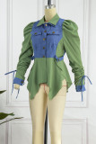 Giacca di jeans dritta a maniche lunghe con colletto rovesciato asimmetrico con fibbia patchwork solido casual verde