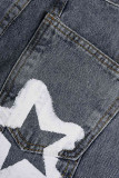 Blaue Patchwork-Denim-Jeans mit niedriger Taille und lässigem Print