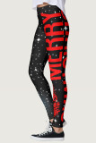 Schwarze, lässige Sportbekleidung mit Buchstaben-Schneemann-Print, einfache, schmale Bleistifthose mit hoher Taille