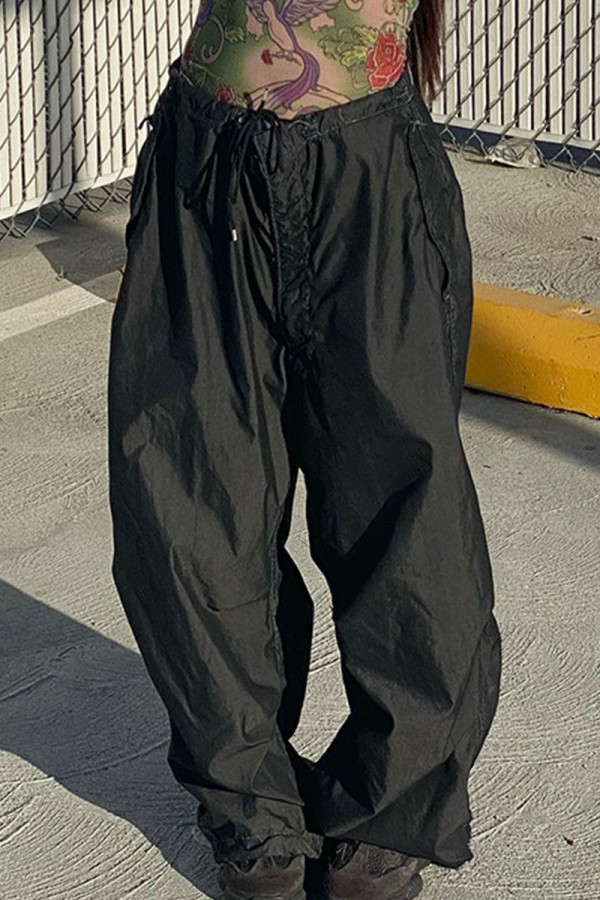 Черные повседневные уличные однотонные однотонные брюки в стиле пэчворк с карманами и низкой талией, широкие однотонные штаны