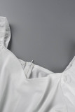 Weiße, lässige, solide Patchwork-Kleider mit V-Ausschnitt und langen Ärmeln
