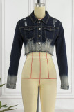 Black Street Ombre Print Patchwork Buckle Turndown Collar Long Sleeve Straight Cropped Denim Jacket