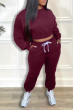 Burgundy Casual Patchwork Hot Drill O Neck Long Sleeve Two Pieces