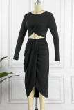 Черные сексуальные повседневные сплошные выдолбленные асимметричные платья с круглым вырезом и длинными рукавами