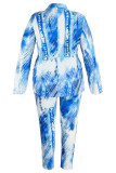 The cowboy blue Sexy Street Print Hollowed Out Turn-back Collar Two Pieces