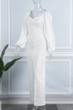 Weiße, lässige, solide Patchwork-Kleider mit V-Ausschnitt und langen Ärmeln
