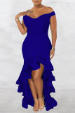 ブルー ファッション セクシー フォーマル ソリッド パッチワーク バックレス オフショルダー イブニングドレス ドレス