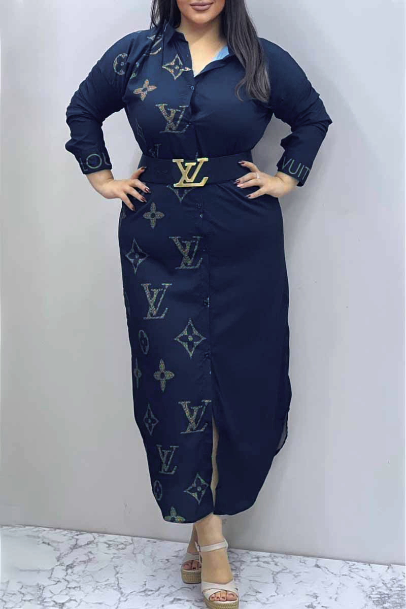 

Navy Blue Elegant Print Letter Without Belt Turndown Collar Shirt Dress Dresses