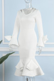 Branco Sexy Formal Sólido Escavado Patchwork V Neck Vestidos de Noite