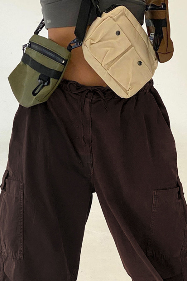 Коричневые повседневные уличные однотонные однотонные брюки в стиле пэчворк с карманами и заниженной талией с широкими штанинами