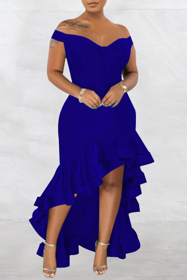 Синее модное сексуальное вечернее платье в стиле пэчворк с открытой спиной и открытыми плечами
