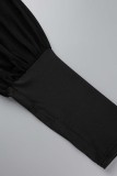 Schwarz Casual Print Patchwork O-Ausschnitt Langarm Kleider in Übergröße