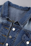 Mellanblå Casual Solid Patchwork Turndown-krage Långärmad vanlig jeansjacka