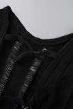 Vestidos pretos sexy sólidos vazados transparentes com decote em O de manga comprida