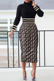 Khaki Casual Work Print Patchwork Turtleneck One Step Skirt Dresses