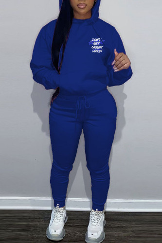 Blue Casual Letter Print Hooded Collar Long Sleeve Sweatshirt And Pants Sportwear Two Piece Jogger Set