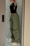 Pantaloni tinta unita dritti a vita media allentati con tasca patchwork tinta unita verde casual