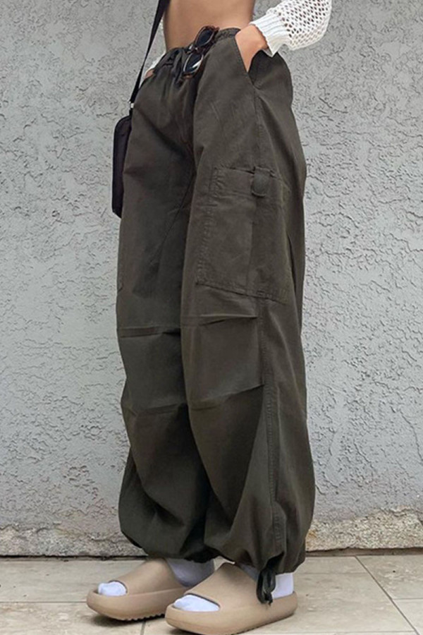 Armeegrün Lässige Street Solide Patchwork-Tasche Lose Niedrige Taille Breites Bein Einfarbige Unterteile
