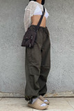 Brown Casual Street Solid Patchwork Pocket Loose Low Waist Wide Leg Solid Color Bottoms