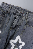 Blue Casual Print Patchwork Low Waist Denim Jeans