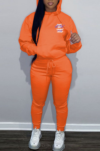 Orange Casual Letter Print Hooded Collar Long Sleeve Sweatshirt And Pants Sportwear Two Piece Jogger Set