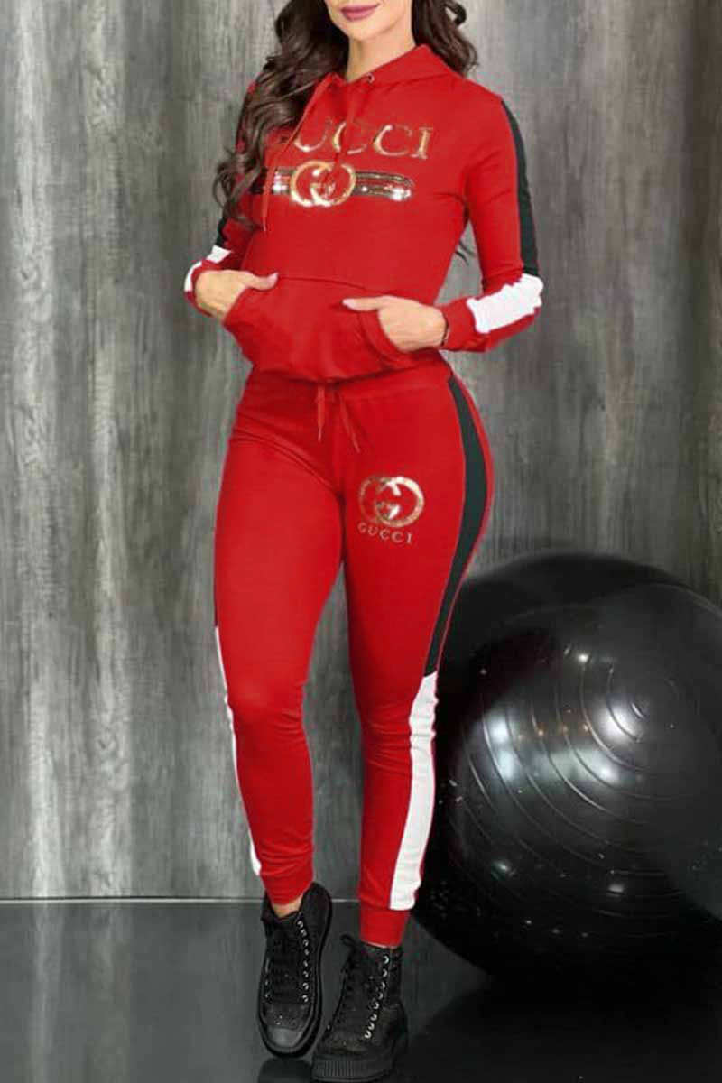 

Red Casual Letter Embroidered Hooded Collar Long Sleeve Two Pieces