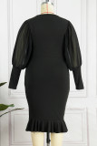 ブラック カジュアル プリント パッチワーク O ネック ロング スリーブ プラス サイズ ドレス